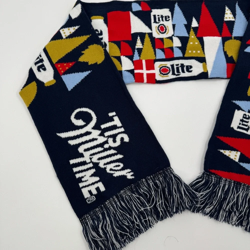 Miller Lite Tis Miller Time Knit Holiday Scarf Navy Blue Beer Can Fringe A1387‎